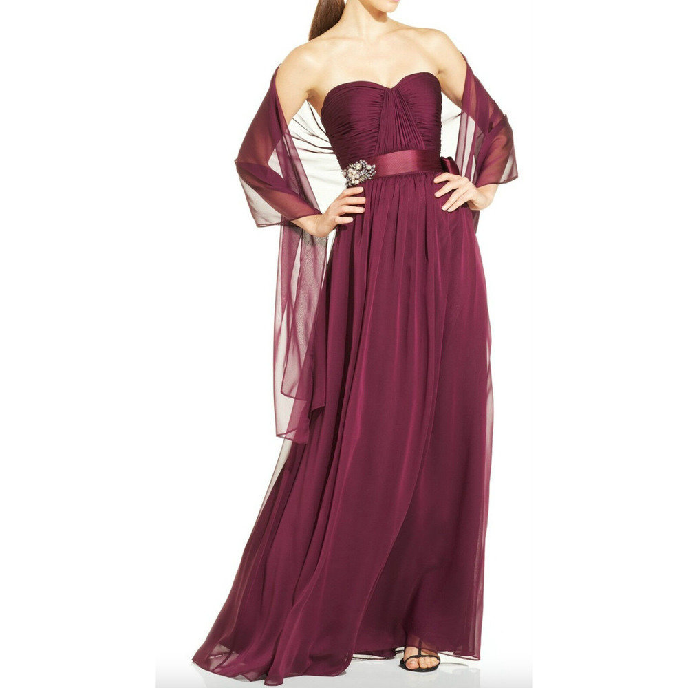 Adrianna Papell Burgundy Chiffon Maxi Gown with Beaded Belt Sash, Size 4 🗣
